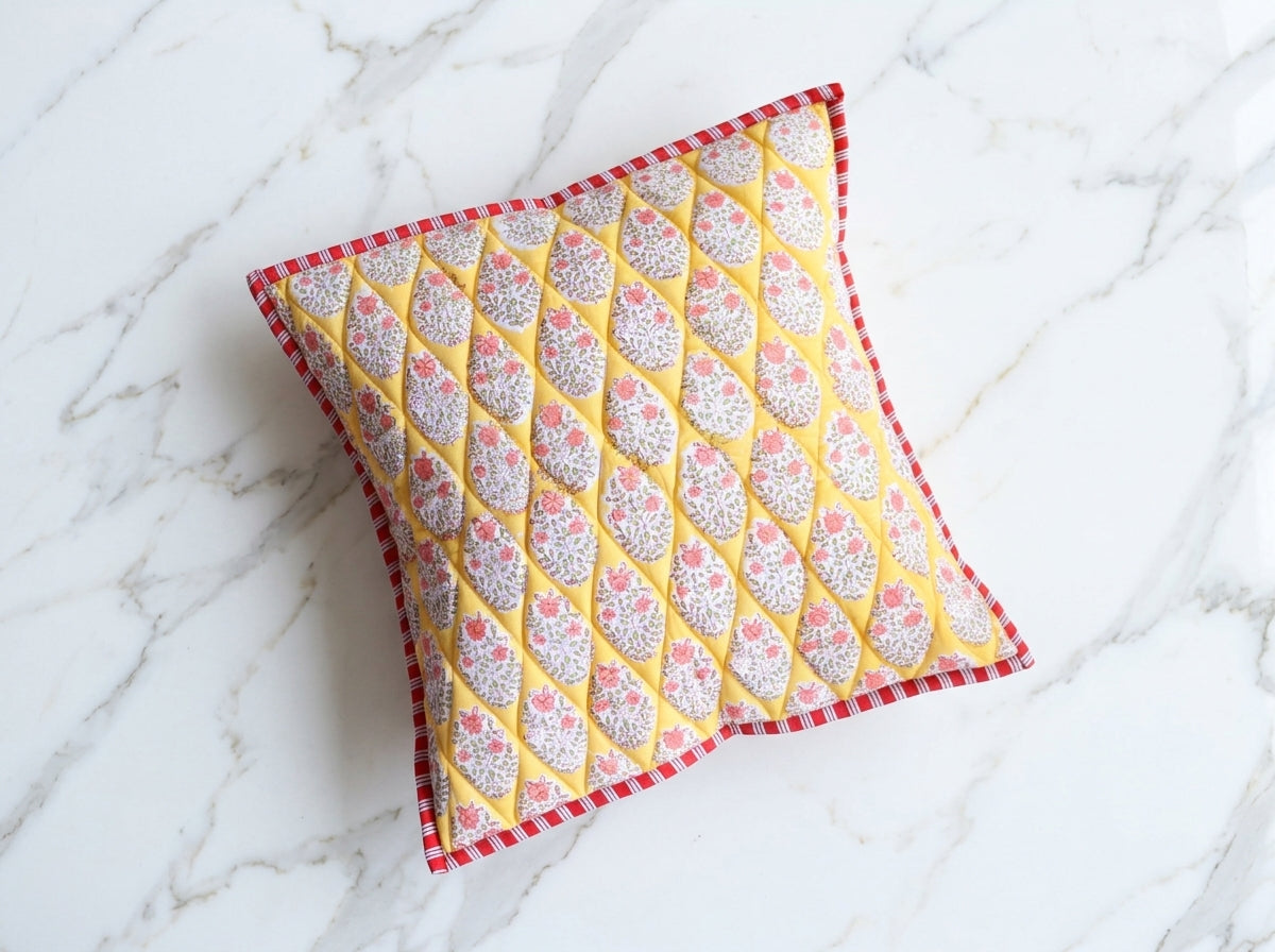 Yellow Booti hand block print quilted cushion cover, 16x16 inches, by Kari by Kriti