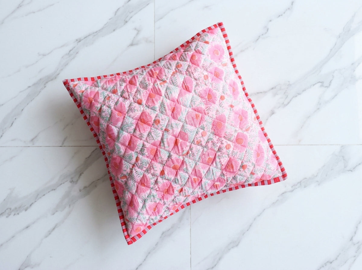 Light Pink Floral hand block print quilted cushion cover, 16x16 inches, by Kari by Kriti