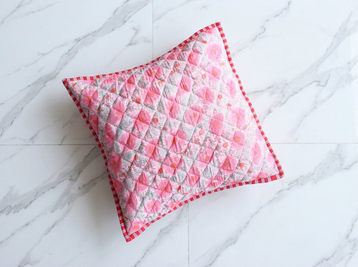Light Pink Floral hand block print quilted cushion cover, 16x16 inches, by Kari by Kriti