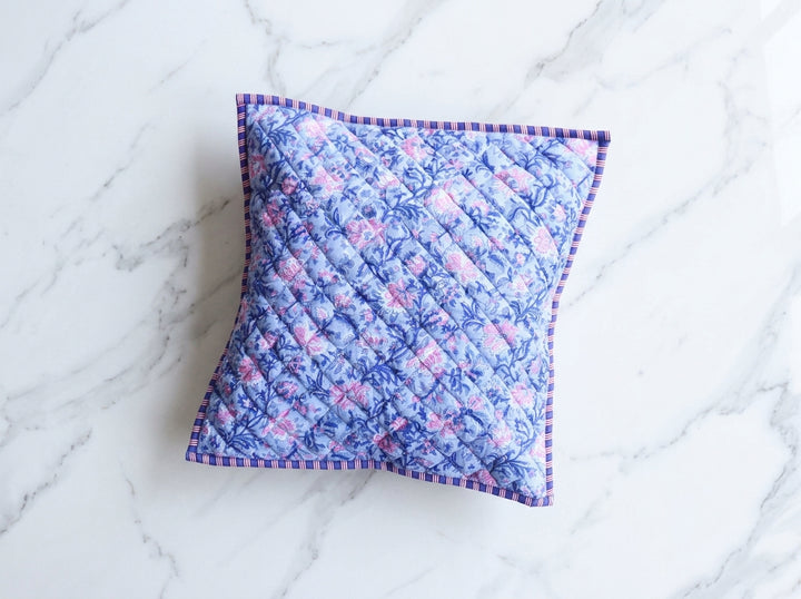 Light Blue Floral hand block print quilted cushion cover, 16x16 inches, by Kari by Kriti