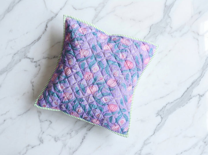 Lilac Pomegranates hand block print quilted cushion cover, 16x16 inches, by Kari by Kriti