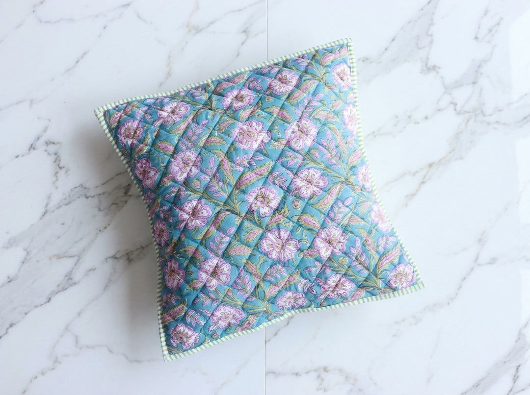 Turquoise Floral hand block print quilted cushion cover, 16x16 inches, by Kari by Kriti