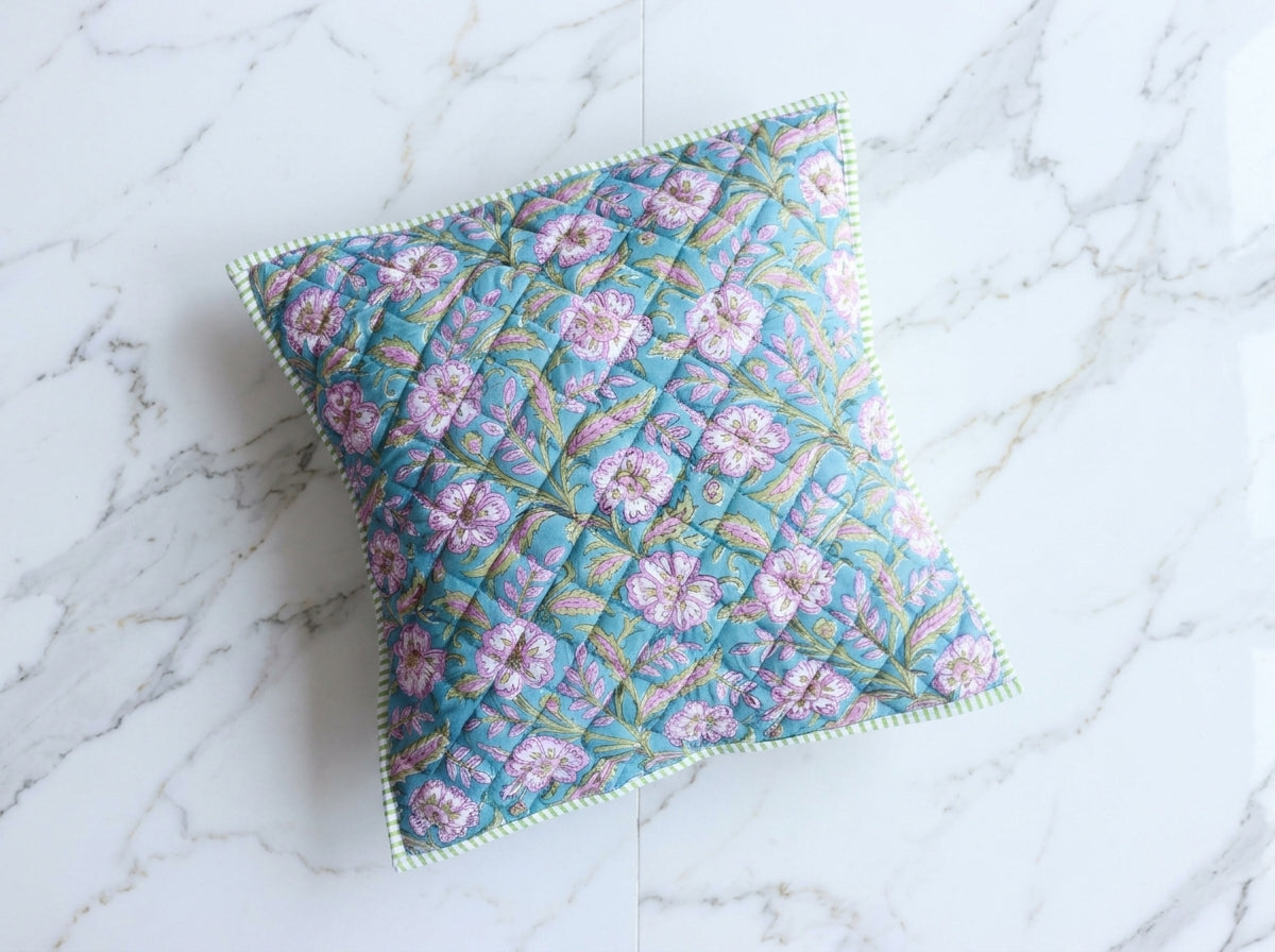 Turquoise Floral hand block print quilted cushion cover, 16x16 inches, by Kari by Kriti