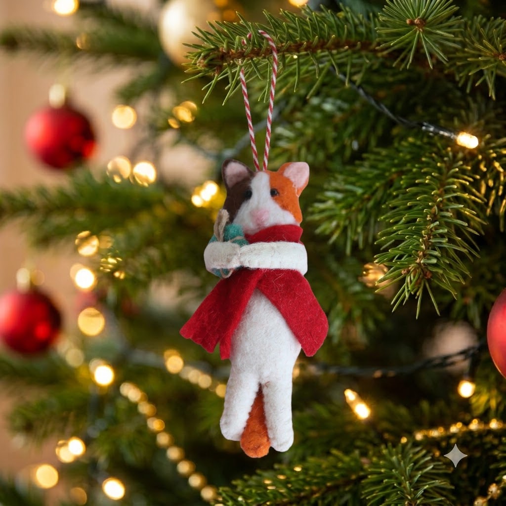 Sam the Gifty Cat felt Christmas ornament hanging on a Christmas tree