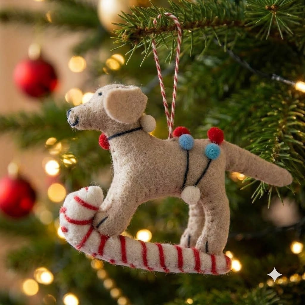 Bruno on Skis felt Labrador Christmas ornament hanging on a decorated Christmas tree