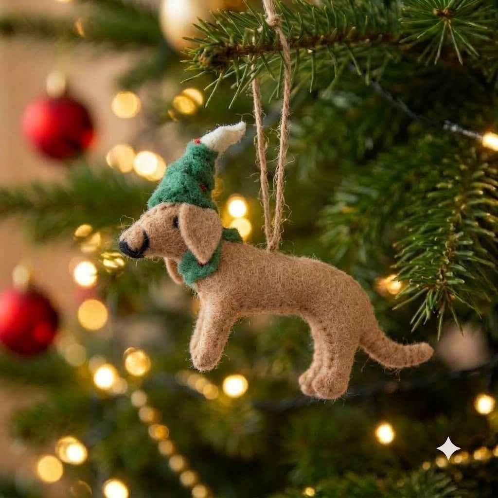 Coco the Spaniel dog Christmas ornament in a green elf hat hanging on a Christmas tree