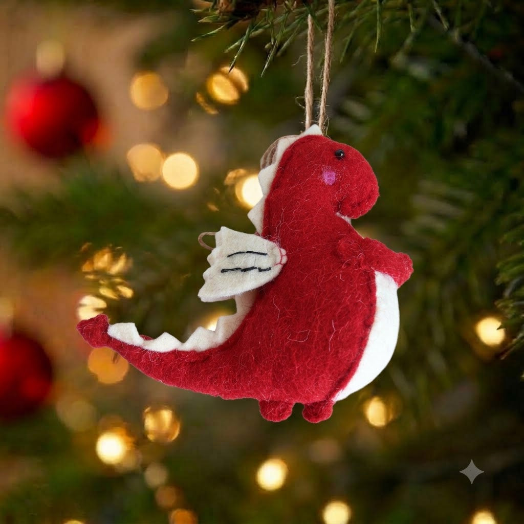 Sparky the Red Dragon felt Christmas ornament hanging on a Christmas tree
