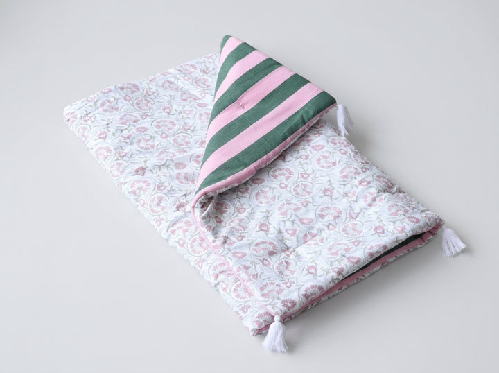Reversible Block Print Floor Mattress - Light Pink &amp; Stripes - 3x6 Feet