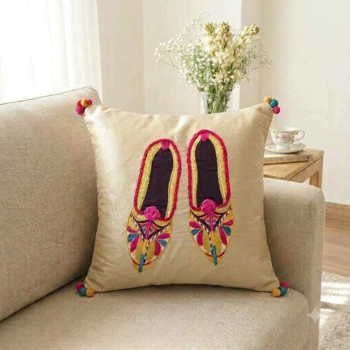 Off white Mojari applique cushion cover - Decorative cushion cover - 16x16 inches