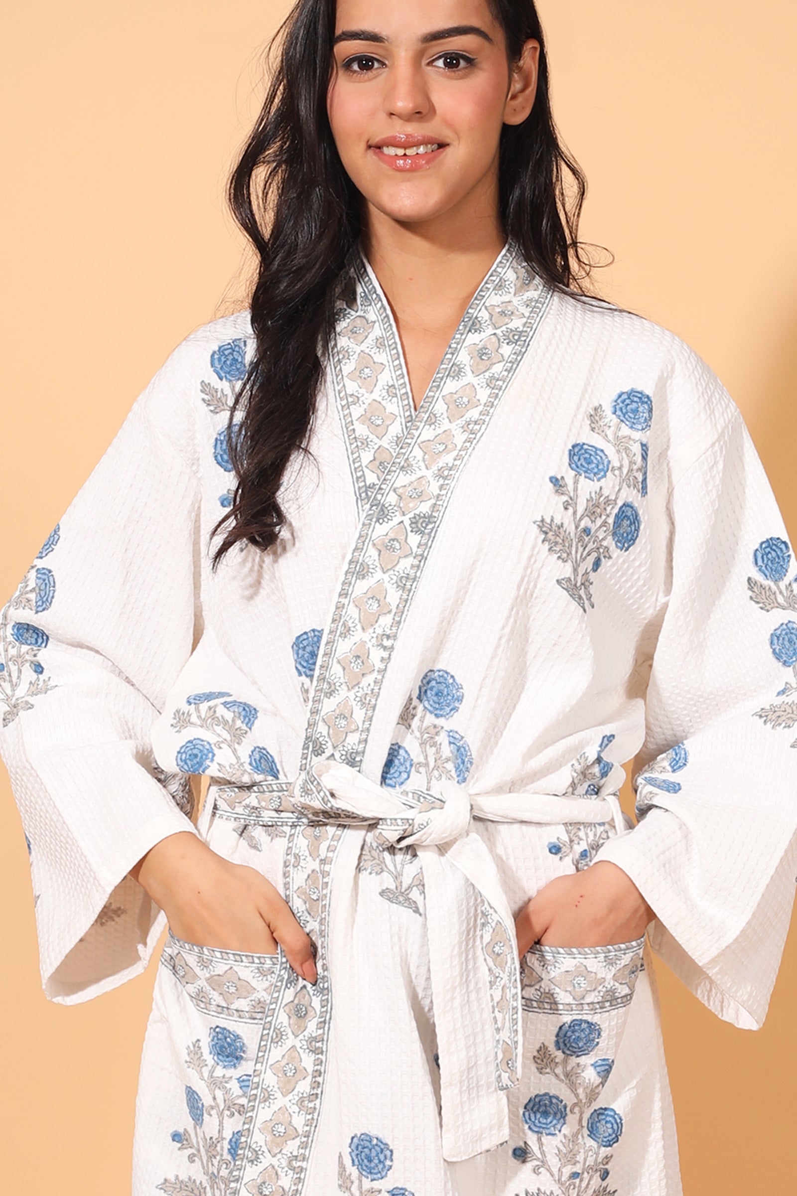 Blue floral block print waffle cotton bath robe for women, handmade by Kari by Kriti
