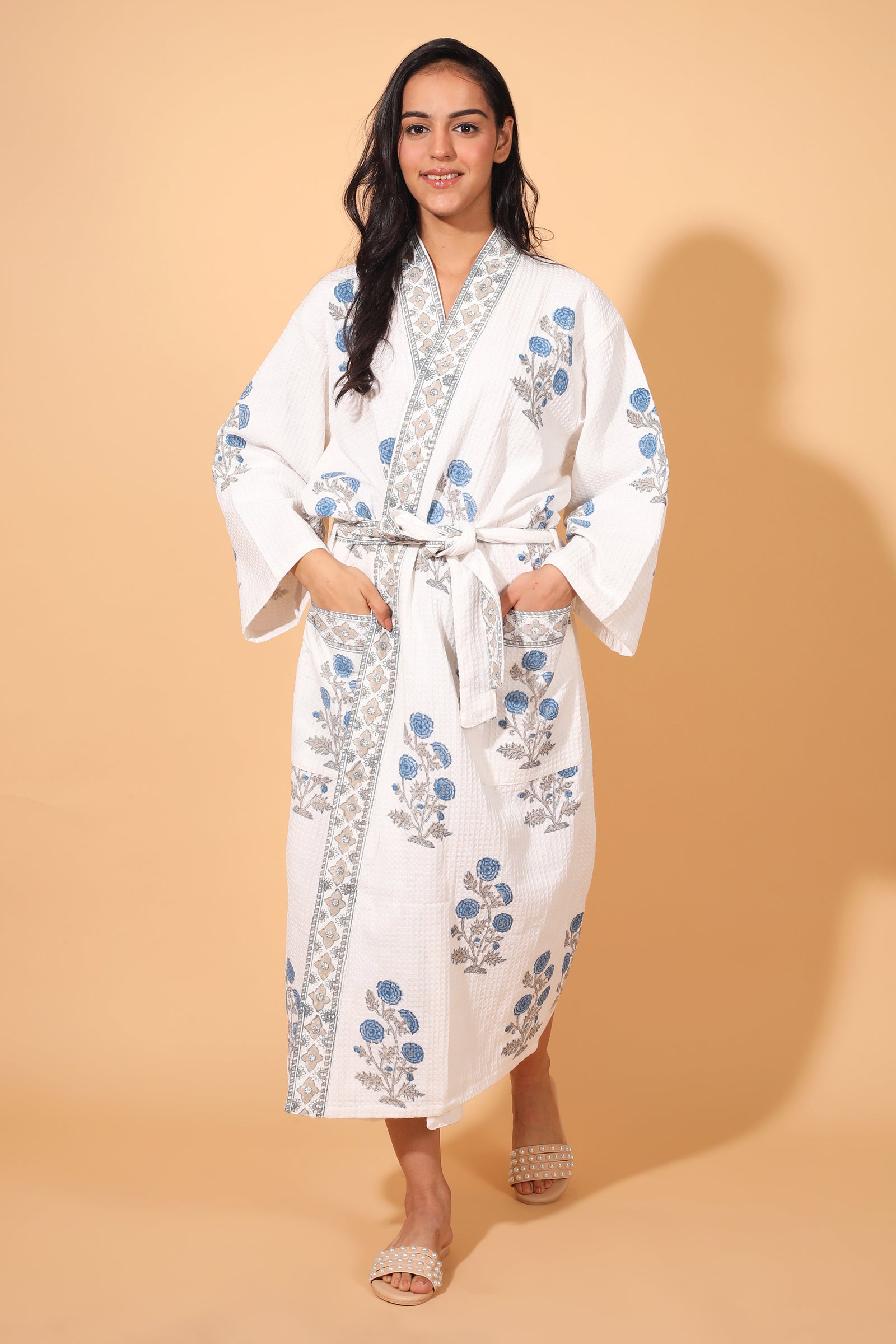 Blue floral block print waffle cotton bath robe for women, handmade by Kari by Kriti
