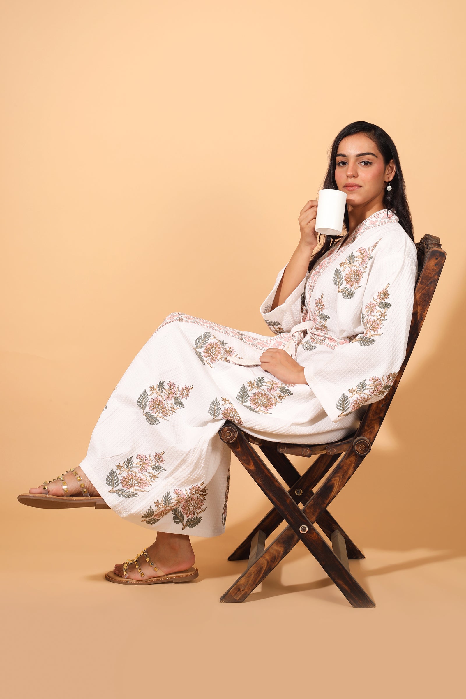 Peach blush block print waffle cotton bath robe for women, handmade by Kari by Kriti
