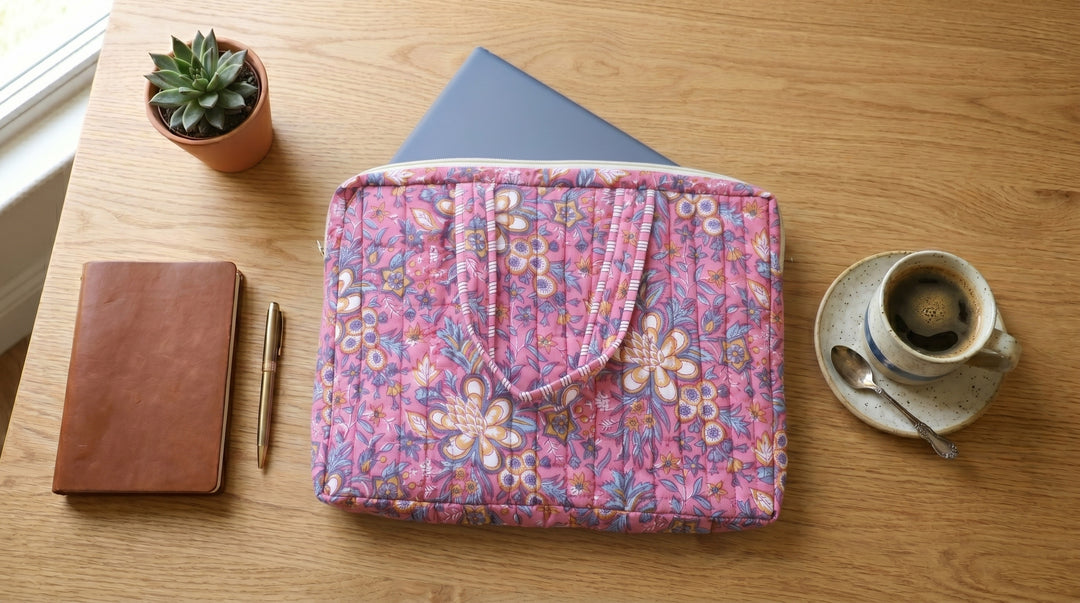 Hand block-printed pink floral quilted cotton laptop bag by Kari by Kriti