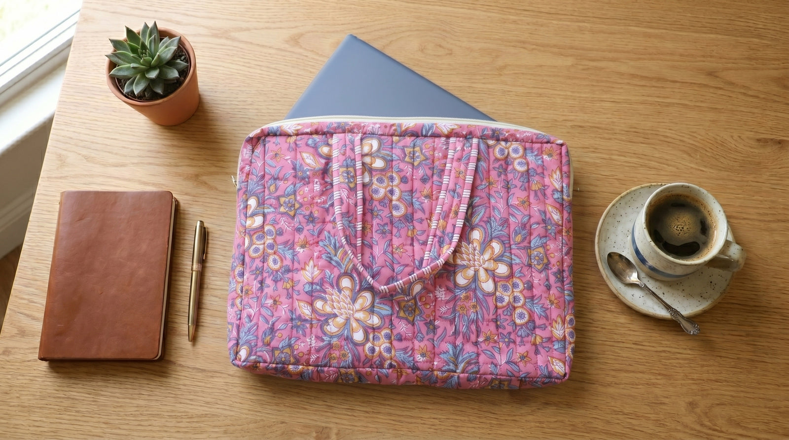 Hand block-printed pink floral quilted cotton laptop bag by Kari by Kriti