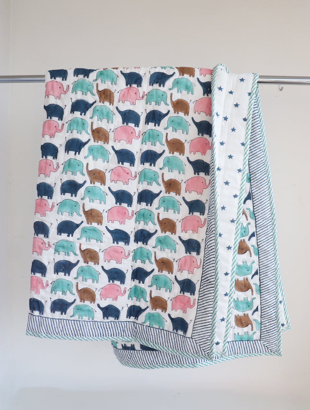 Personalised elephant Marching Jumbos block print baby quilt with name
