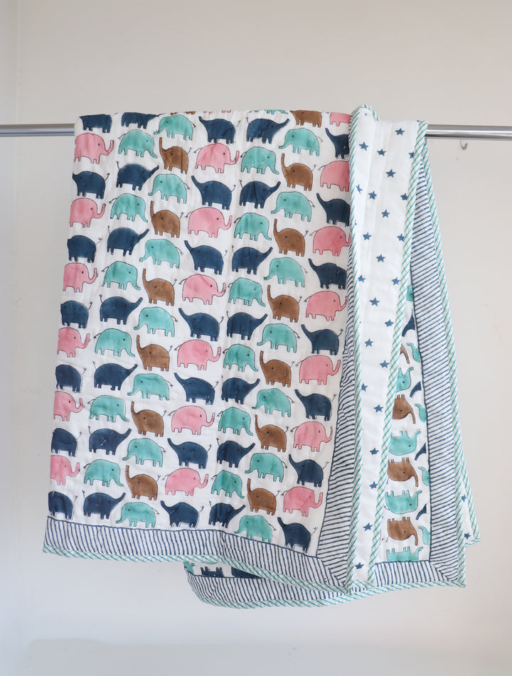 Personalised elephant Marching Jumbos block print baby quilt with name

