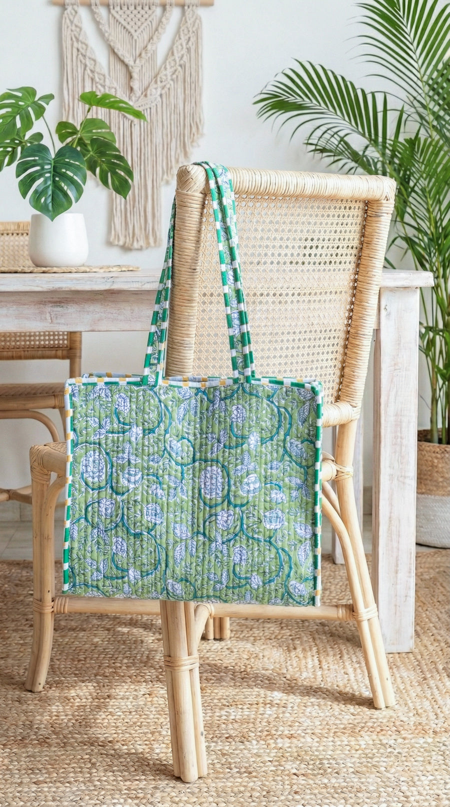 Green floral block print quilted medium tote bag for women handmade
