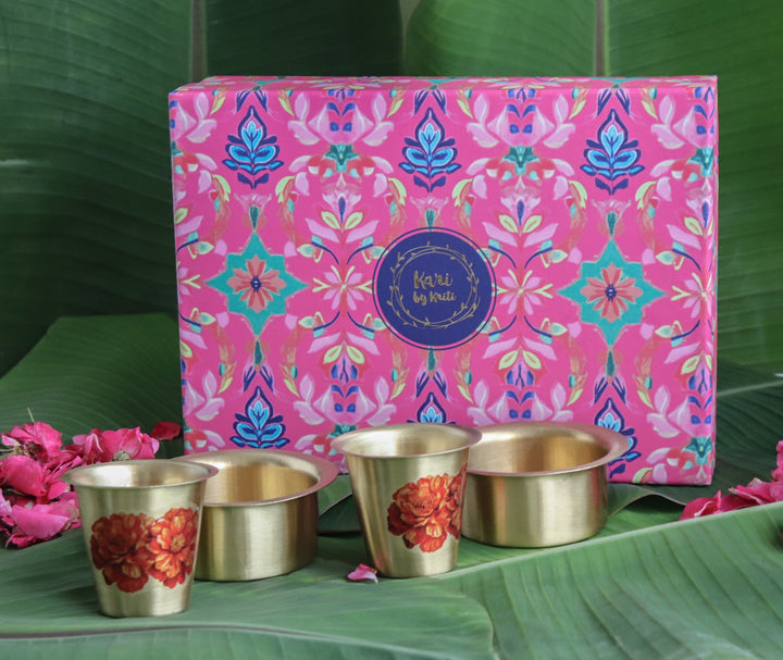 Marigold Dabara Coffee set - Set of 2 Brass filter coffee set - Handcrafted gift box