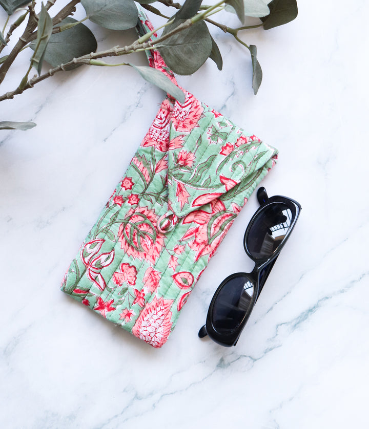 Quilted Sunglasses case - Spectacle cover - Green & Pink Floral