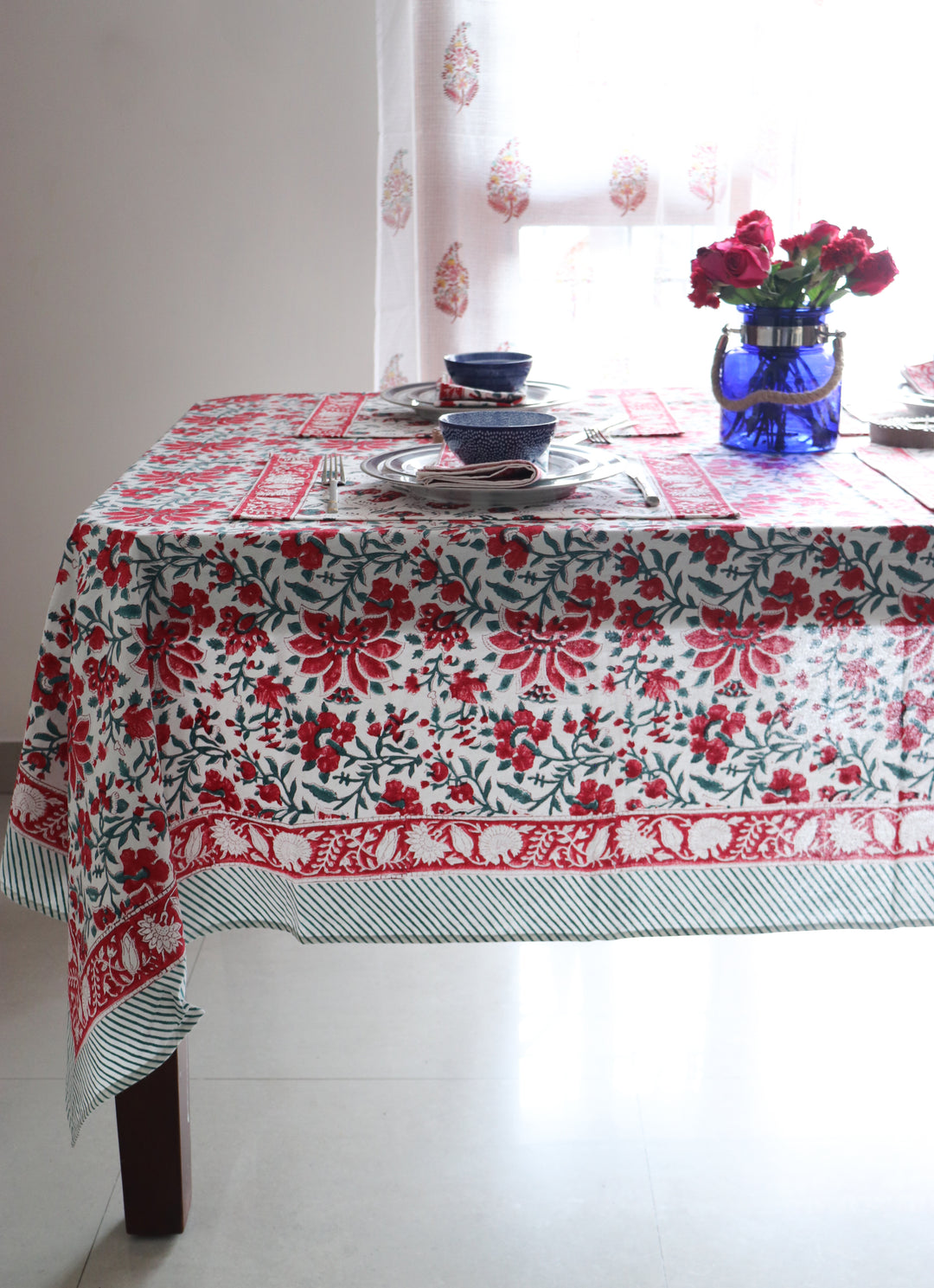 Crimson Dawn floral tablecloth - 8 seater block print table cloth - 60x120 inches