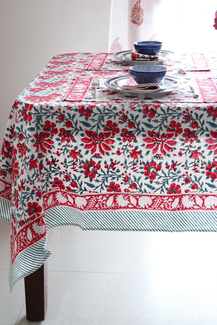 Crimson Dawn floral tablecloth - 8 seater block print table cloth - 60x120 inches