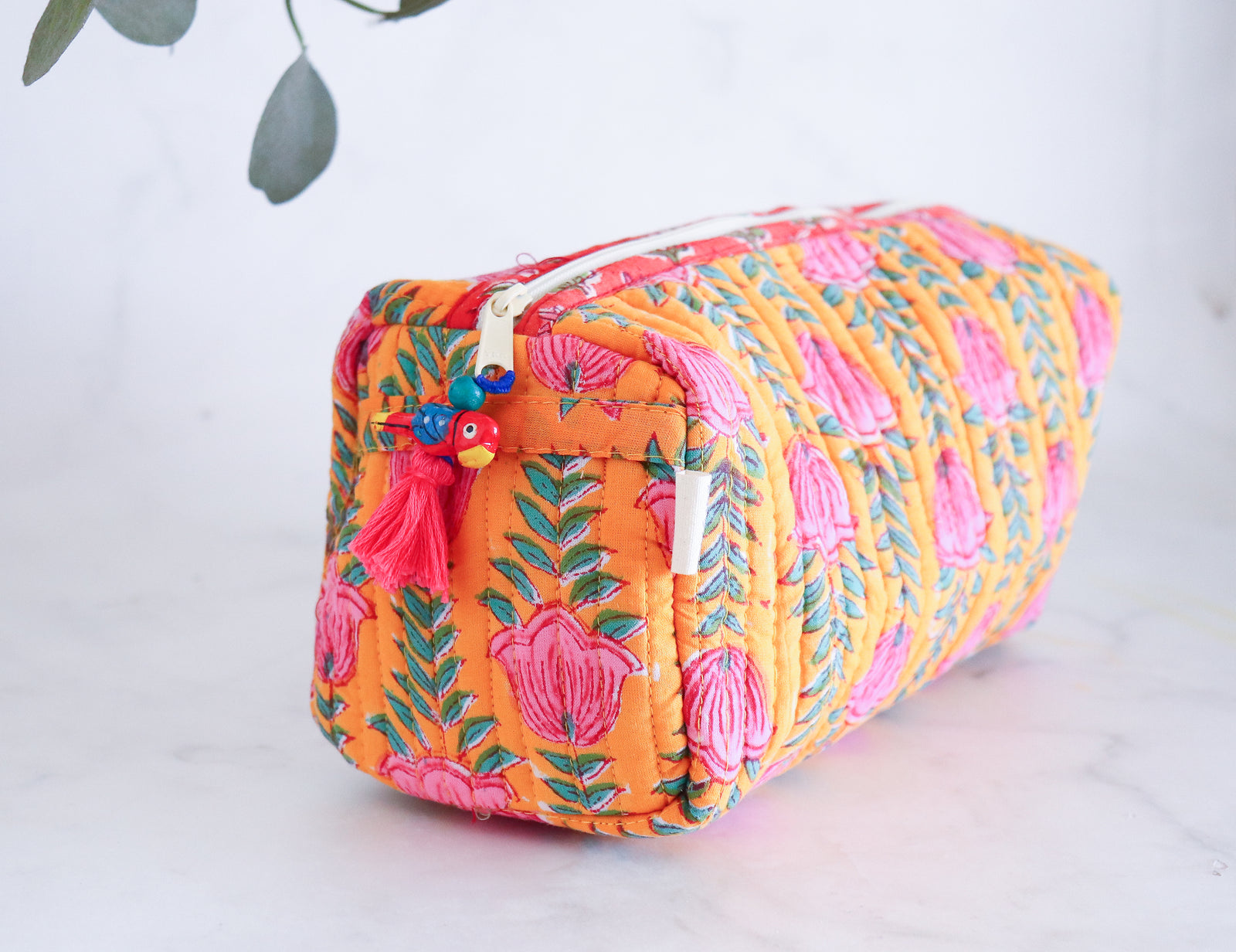 Yellow floral block print medium cosmetic bag, handmade travel makeup pouch by Kari by Kriti
