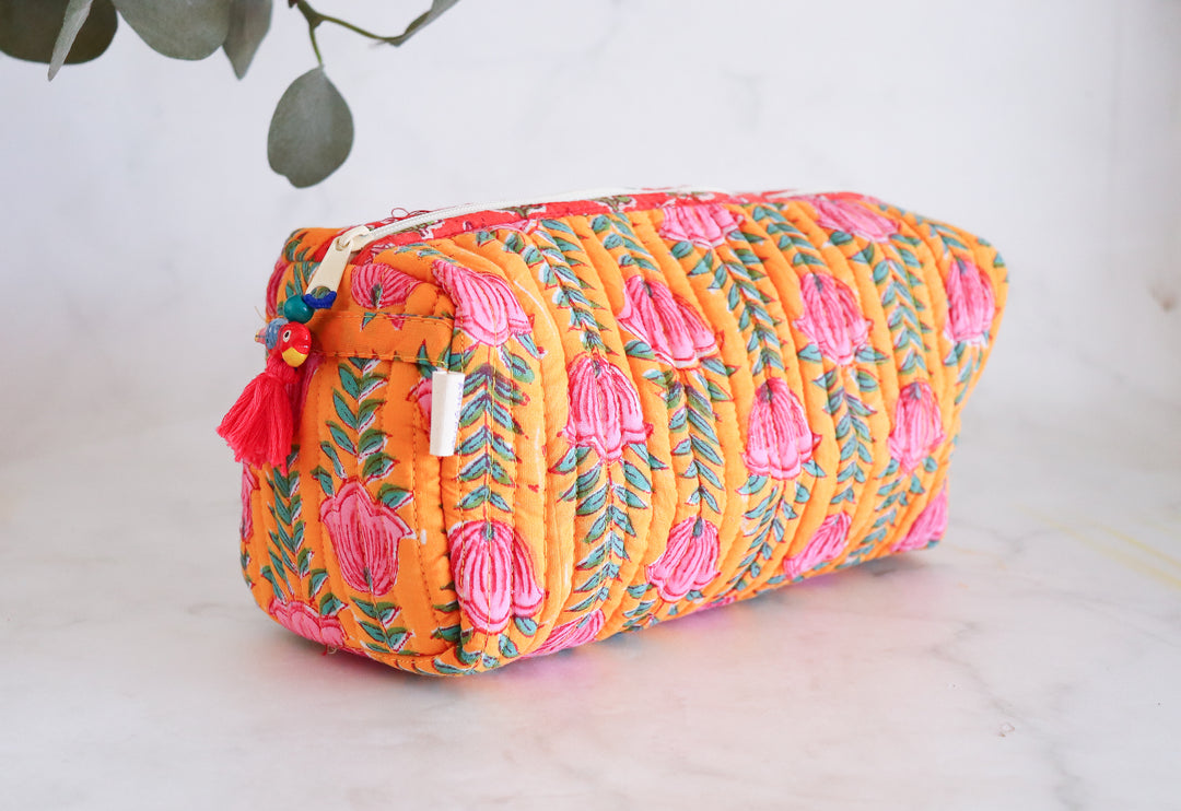 Large Cosmetic bag - Makeup bag - Block print fabric travel pouch - Yellow Tulip