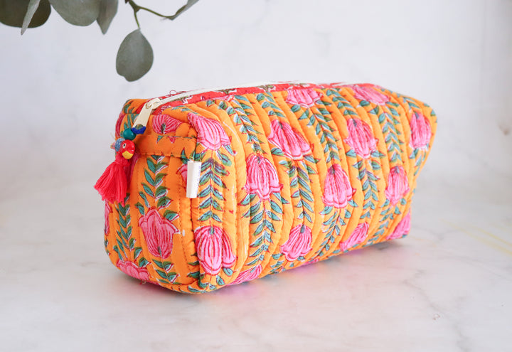 Large Cosmetic bag - Makeup bag - Block print fabric travel pouch - Yellow Tulip