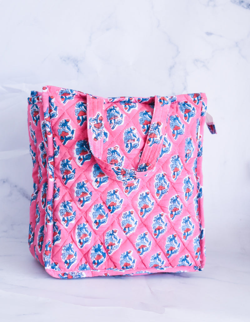 Block print lunch tote bag - Boho quilted lunch bags - Pink booti
