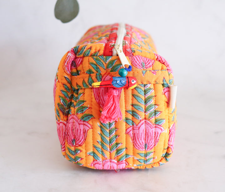 Large Cosmetic bag - Makeup bag - Block print fabric travel pouch - Yellow Tulip