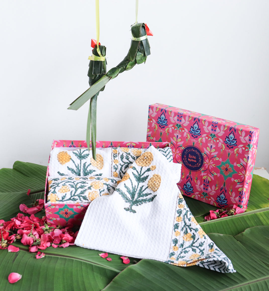 Block print waffle towel set - Set of 3 bath and hand towels - Yellow Marigold