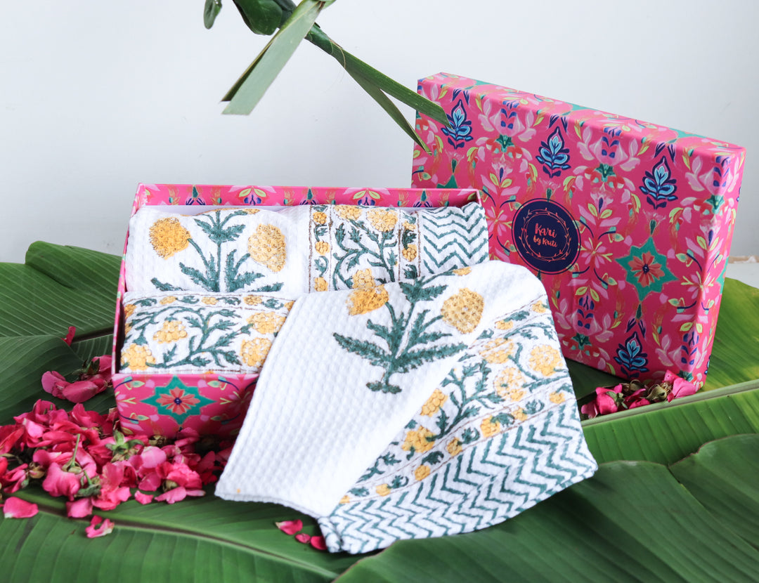 Kari by Kriti Block Print Towel Gift Set - Gift Box Packaging