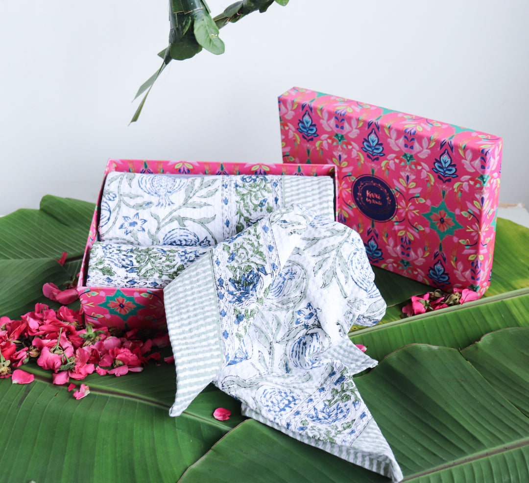 Block print waffle towel set - Set of 3 bath and hand towels - Blue Pomegranate
