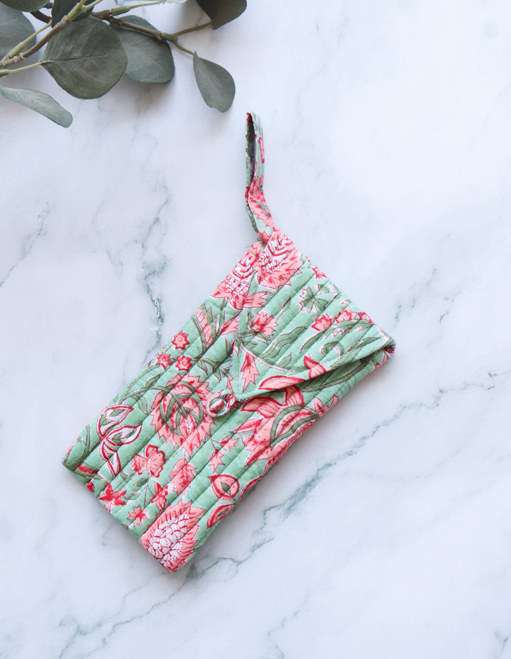 Quilted Sunglasses case - Spectacle cover - Green & Pink Floral