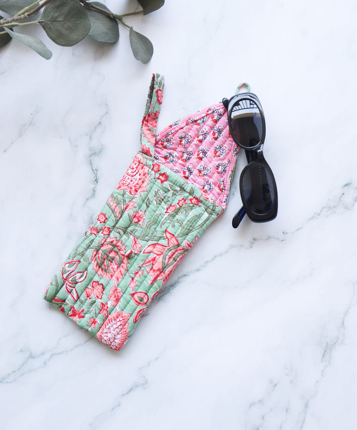 Quilted Sunglasses case - Spectacle cover - Green & Pink Floral