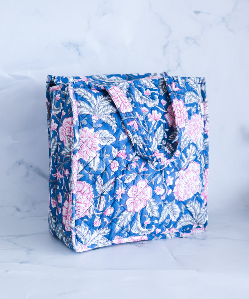 Block print lunch tote bag - Boho quilted lunch bags - Blue floral
