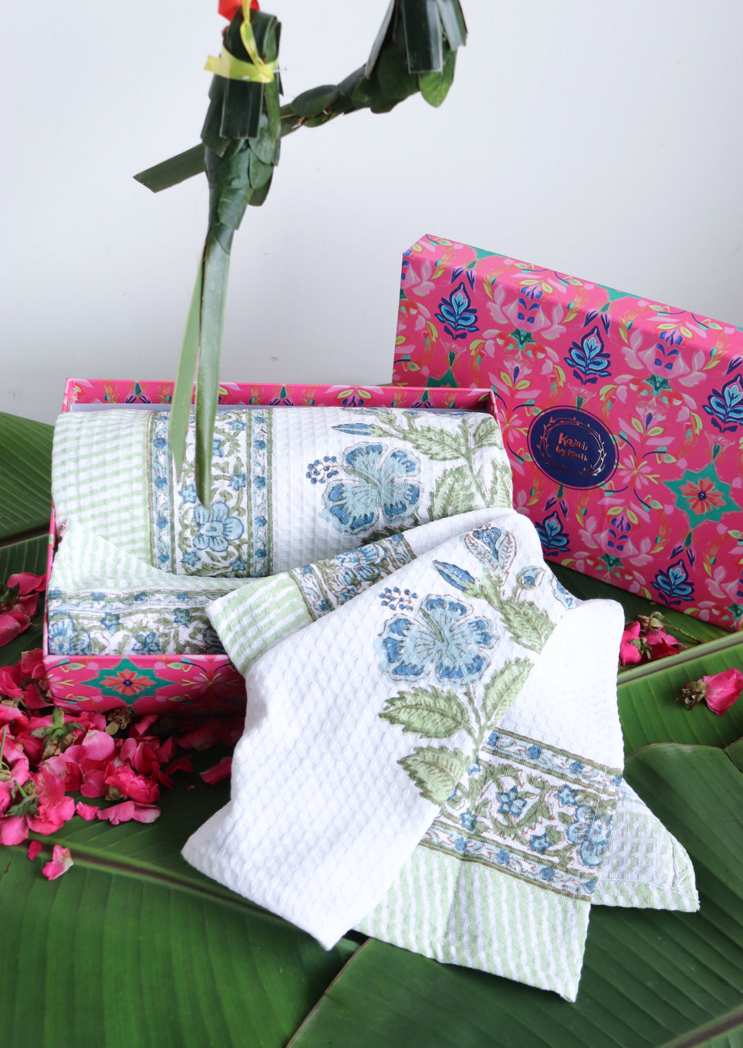 Block print waffle towel set - Set of 3 bath and hand towels - Blue Primrose