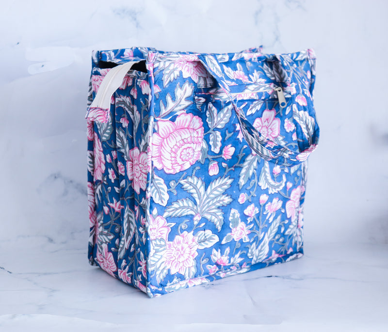 Block print lunch tote bag - Boho quilted lunch bags - Blue floral