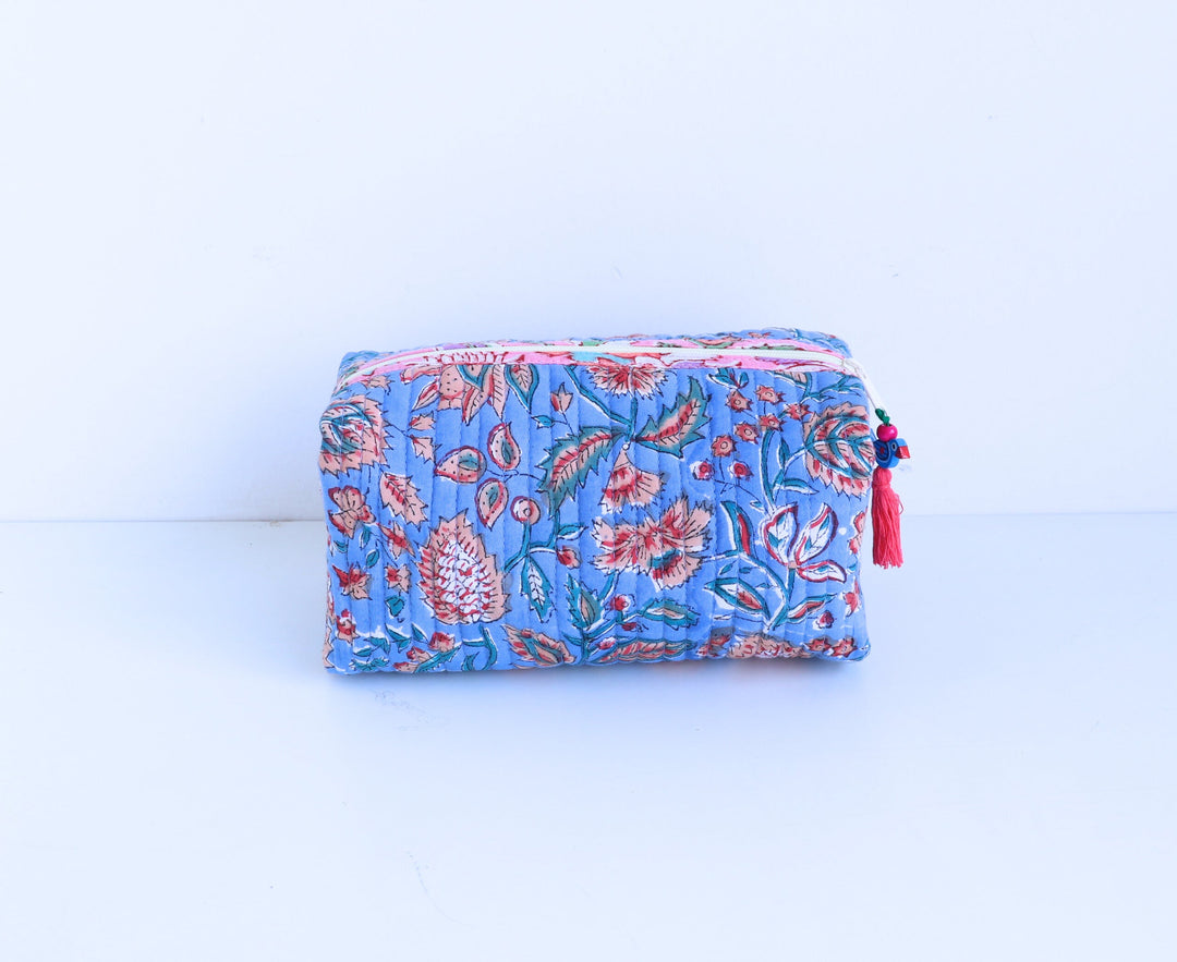 Blue and red floral block print medium cosmetic bag, handmade travel makeup pouch by Kari by Kriti
