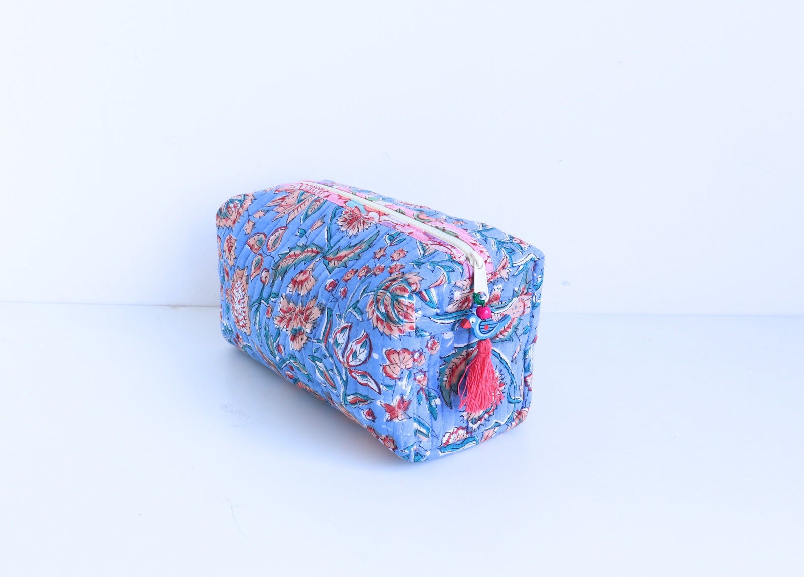 Blue and red floral block print medium cosmetic bag, handmade travel makeup pouch by Kari by Kriti
