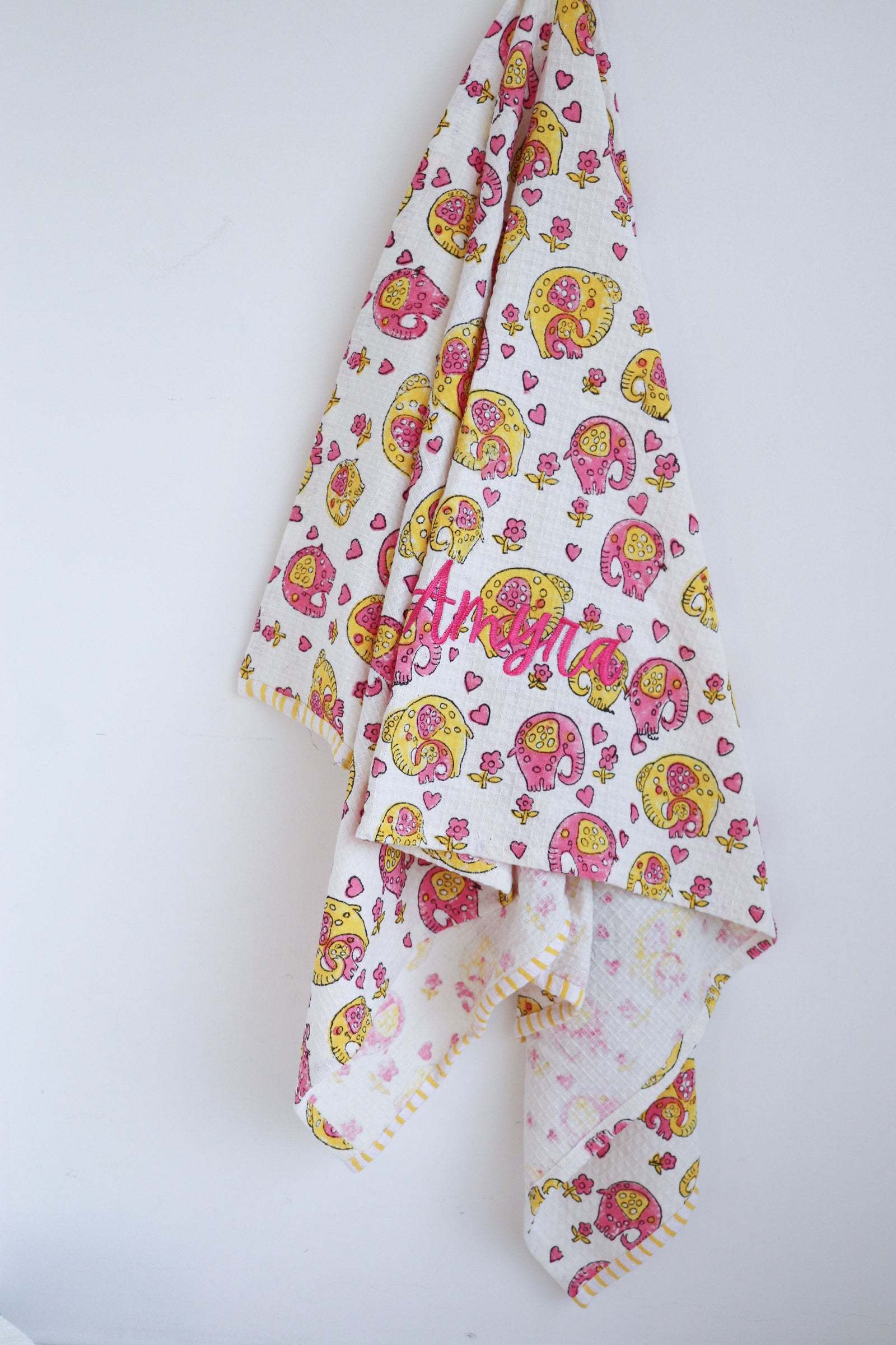 Personalized block print kids bath towels with custom name embroidery, available in 3 designs, by Kari by Kriti
