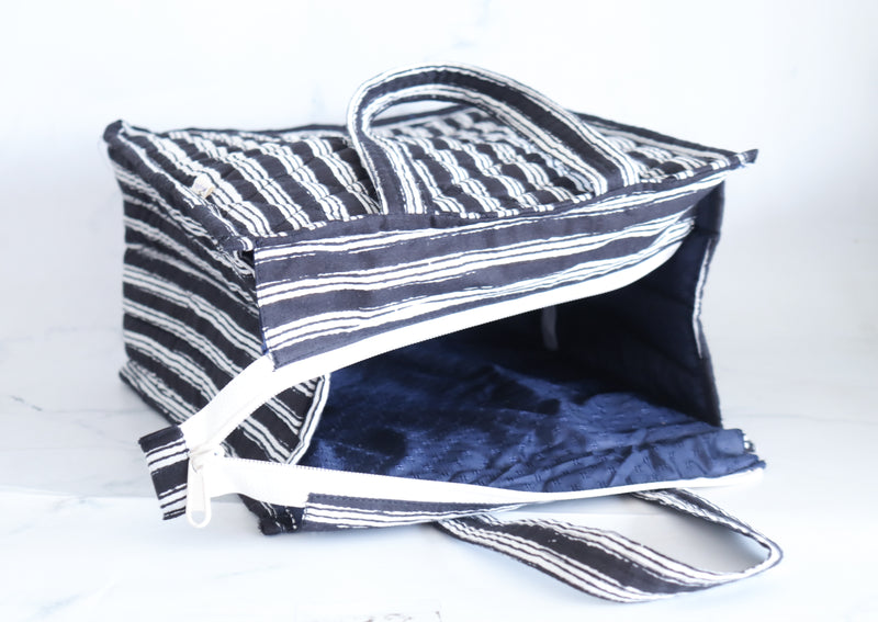 Block print lunch tote bag - Boho quilted lunch bags - Black stripes