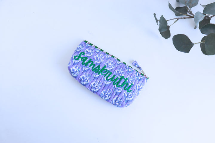 Personalized block print quilted pencil pouch with embroidered name
