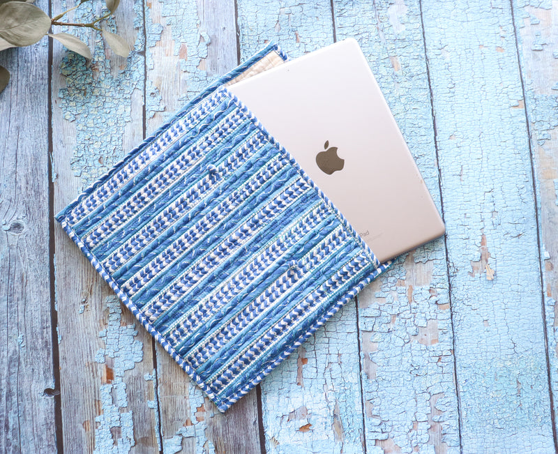 Block print iPad sleeves - Tablet sleeve cover - Blue floral stripes