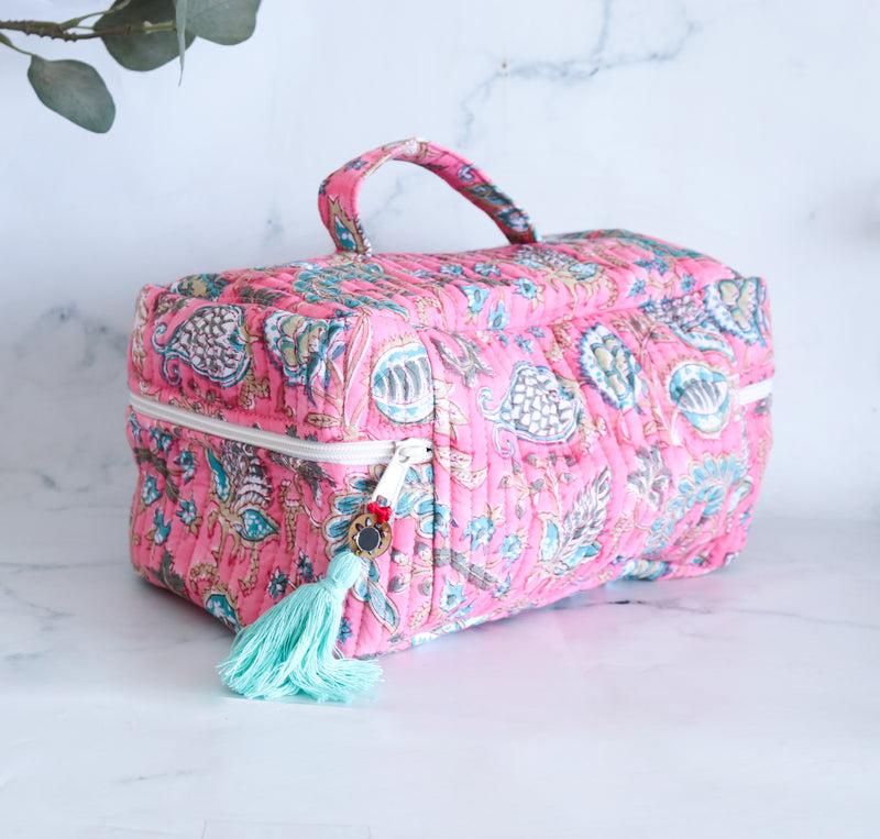 Handcrafted Vanity Bag for Women - Hand block printed Vanity case - Pink floral