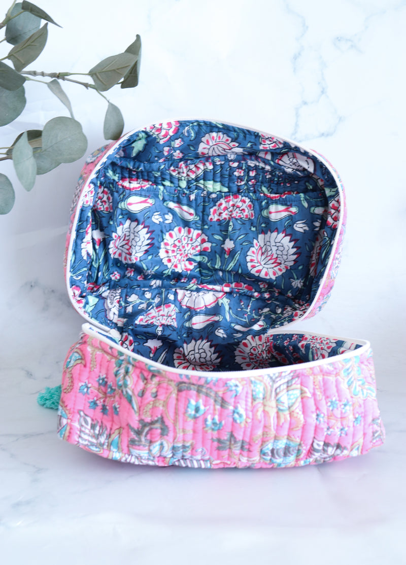Handcrafted Vanity Bag for Women - Hand block printed Vanity case - Pink floral