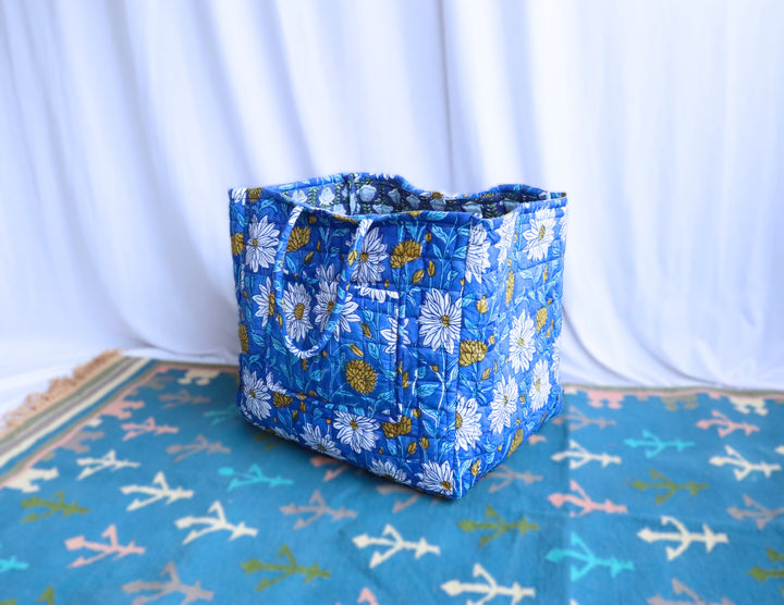 Blue flower fields block print storage basket detail view showing hand block printed floral pattern