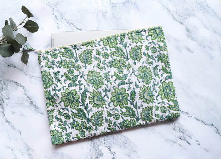 Block print Laptop sleeves - Laptop cover - Dark green floral - 13 inch, 14 inch & 15 inch