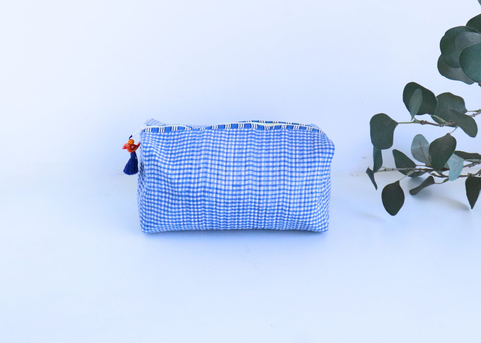Hand block printed blue checks medium cosmetic bag by Kari by Kriti