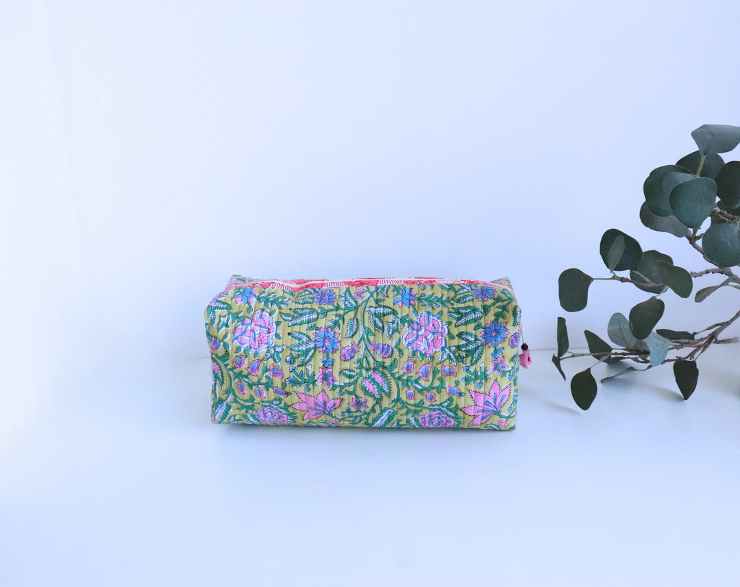 Lime green floral booti block print Dyson Airwrap organizer bag, handmade cotton by Kari by Kriti
